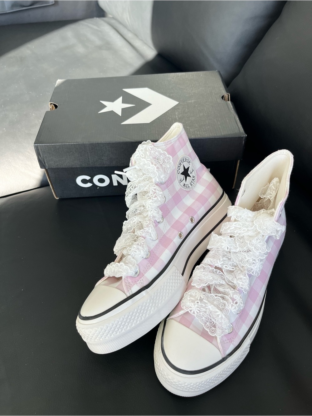 Converse High Top Sneakers Pink and White Gingham Women’s Size US 8 - Picture 9 of 10
